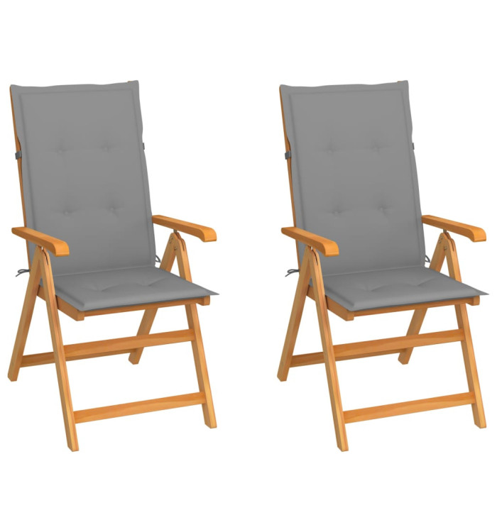 Chaises de jardin lot de 2 et coussins gris Bois de teck massif | Mobilier & Déco
