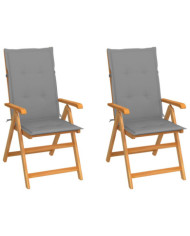 Chaises de jardin lot de 2 et coussins gris Bois de teck massif | Mobilier & Déco
