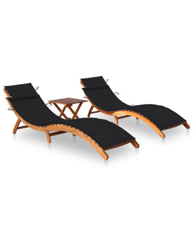 Chaises longues lot de 2 avec table et coussins Acacia solide | Mobilier & Déco
