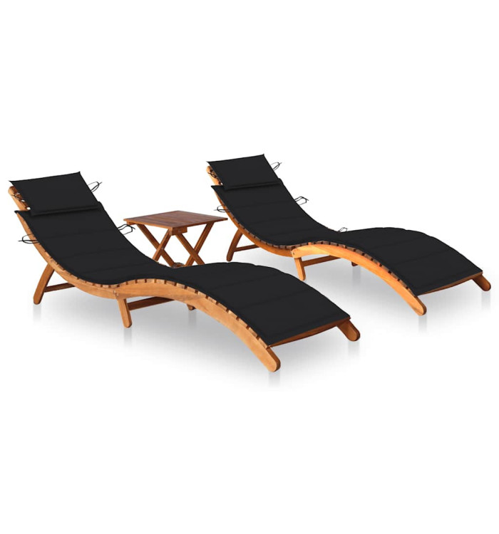 Chaises longues lot de 2 avec table et coussins Acacia solide | Mobilier & Déco