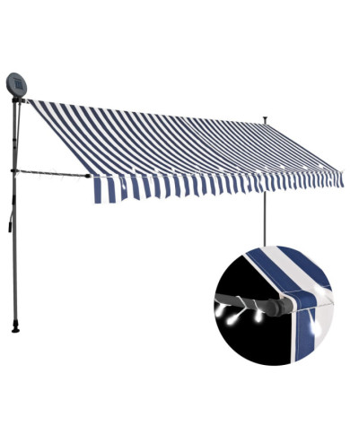 Auvent manuel rétractable avec LED 400 cm Bleu et blanc | Mobilier & Déco