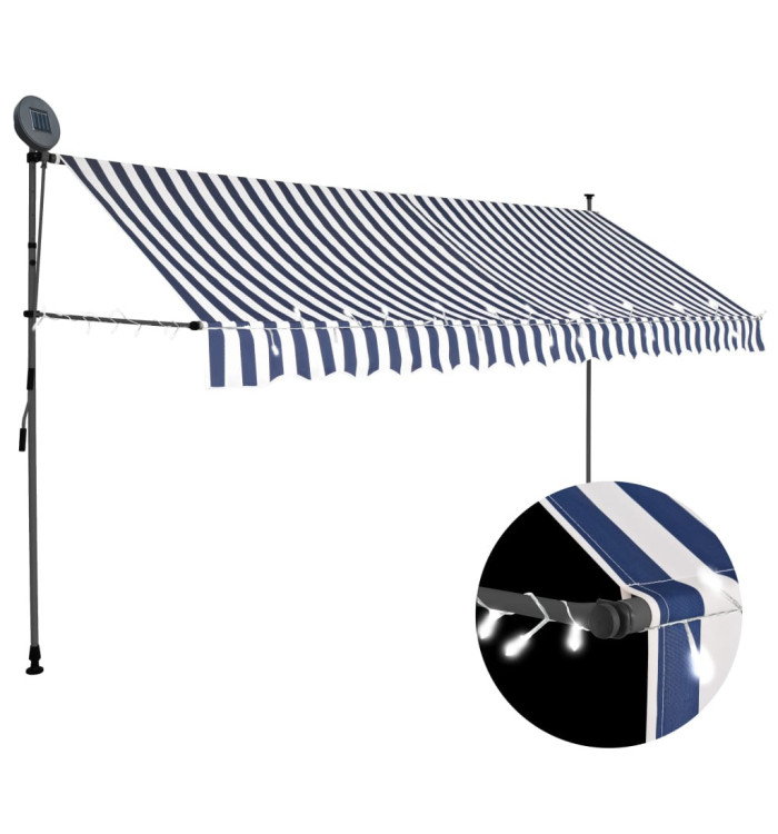 Auvent manuel rétractable avec LED 400 cm Bleu et blanc | Mobilier & Déco