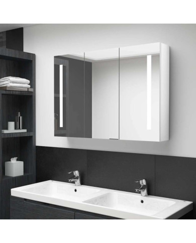 Armoire de salle de bain à miroir LED 89x14x62cm Blanc brillant | Mobilier & Déco