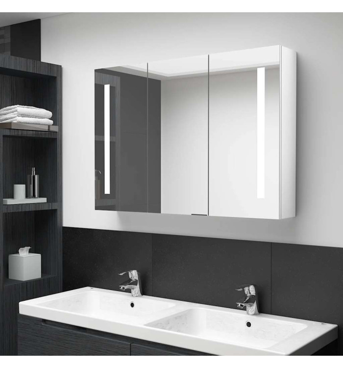Armoire de salle de bain à miroir LED 89x14x62cm Blanc brillant | Mobilier & Déco