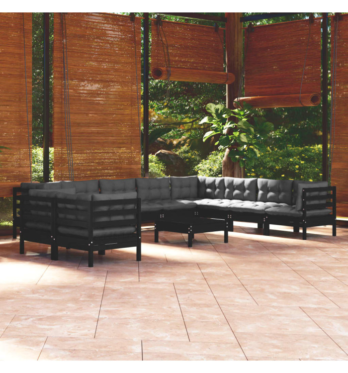 Salon de jardin 11 pcs avec coussins Noir Bois de pin solide | Mobilier & Déco