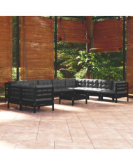 Salon de jardin 11 pcs avec coussins Noir Bois de pin solide | Mobilier & Déco