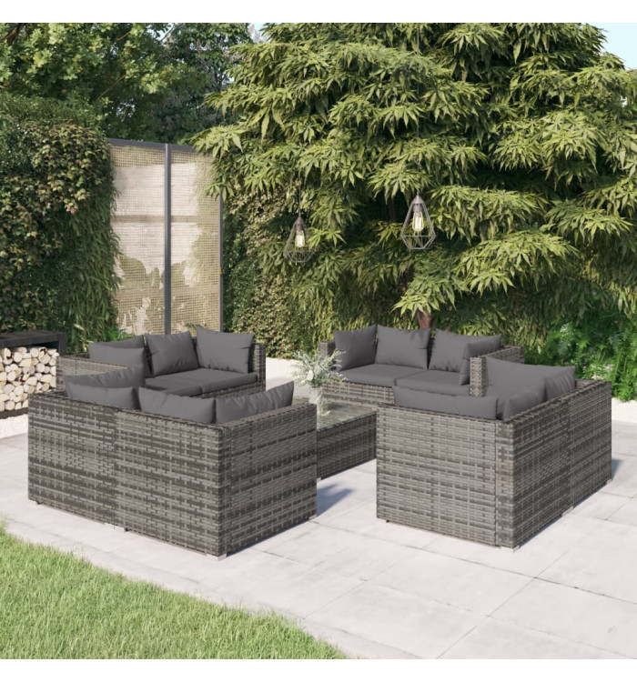 Salon de jardin 9 pcs avec coussins Résine tressée Gris | Mobilier & Déco