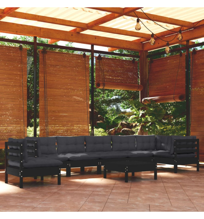 Salon de jardin 9 pcs avec coussins Noir Bois de pin massif | Mobilier & Déco