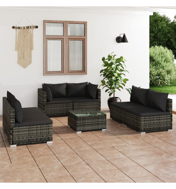 Salon de jardin 7 pcs avec coussins Résine tressée Gris | Mobilier & Déco