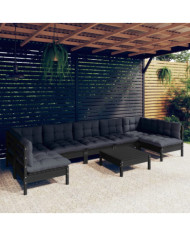 Salon de jardin 8 pcs avec coussins Noir Bois de pin massif | Mobilier & Déco