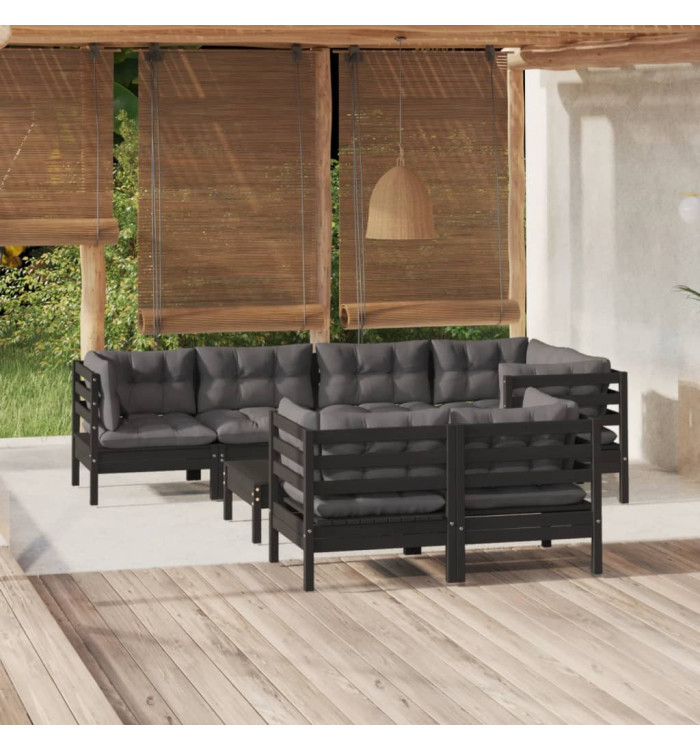 Salon de jardin 8 pcs avec coussins Noir Bois de pin massif | Mobilier & Déco