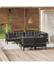 Salon de jardin 8 pcs avec coussins Noir Bois de pin massif | Mobilier & Déco