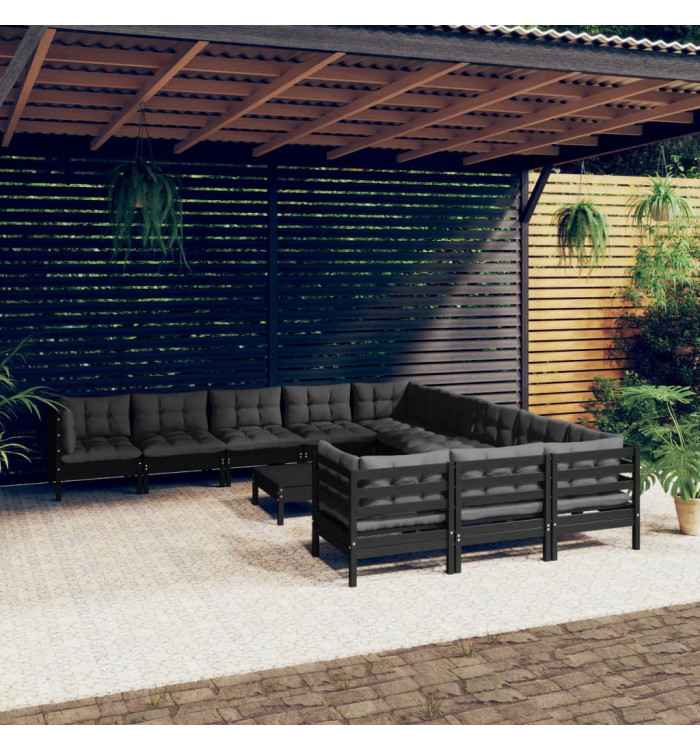 Salon de jardin 12 pcs avec coussins Noir Bois de pin | Mobilier & Déco