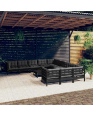 Salon de jardin 12 pcs avec coussins Noir Bois de pin | Mobilier & Déco