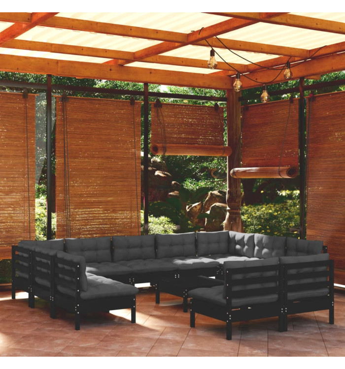 Salon de jardin 12 pcs avec coussins Noir Bois de pin solide | Mobilier & Déco