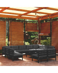 Salon de jardin 12 pcs avec coussins Noir Bois de pin solide | Mobilier & Déco