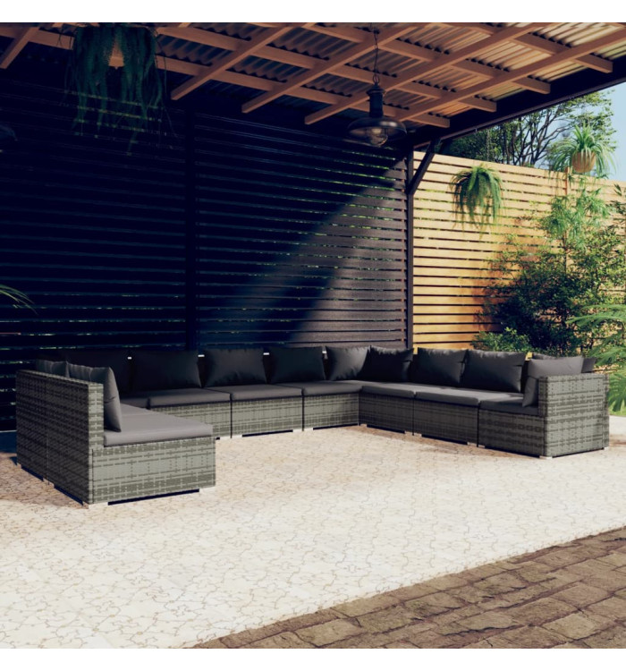 Salon de jardin 10 pcs avec coussins Gris Résine tressée | Mobilier & Déco