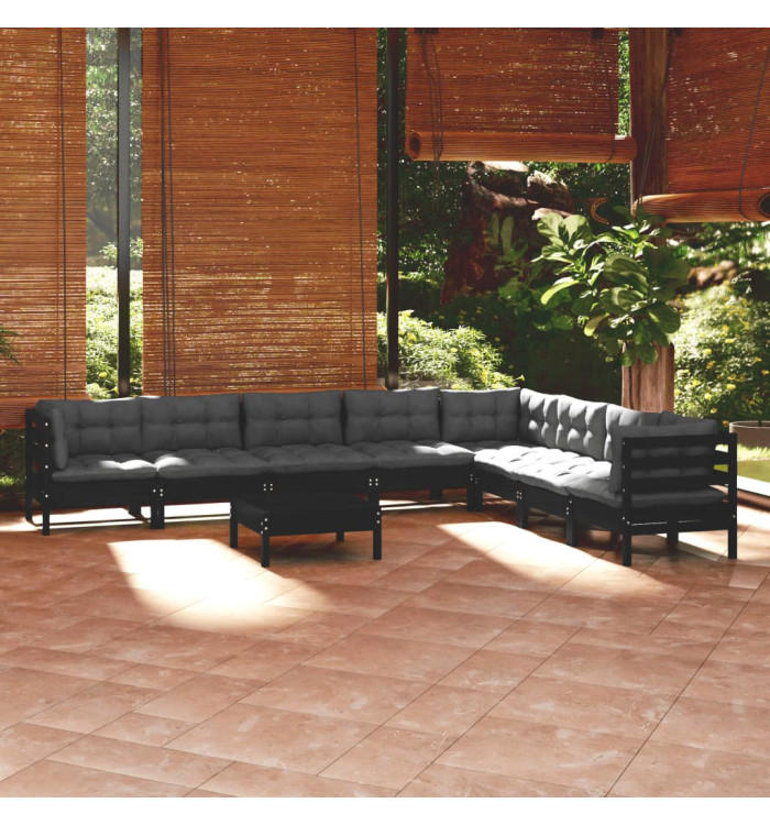 Salon de jardin 9 pcs avec coussins Noir Bois de pin massif | Mobilier & Déco