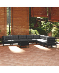 Salon de jardin 9 pcs avec coussins Noir Bois de pin massif | Mobilier & Déco