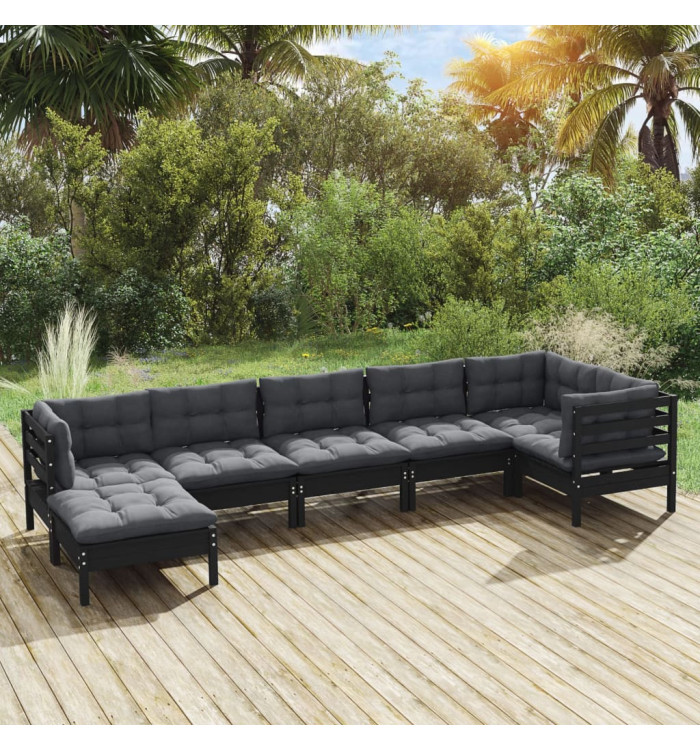 Salon de jardin 7 pcs avec coussins Noir Bois de pin massif | Mobilier & Déco
