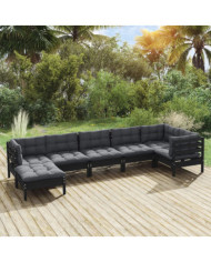 Salon de jardin 7 pcs avec coussins Noir Bois de pin massif | Mobilier & Déco