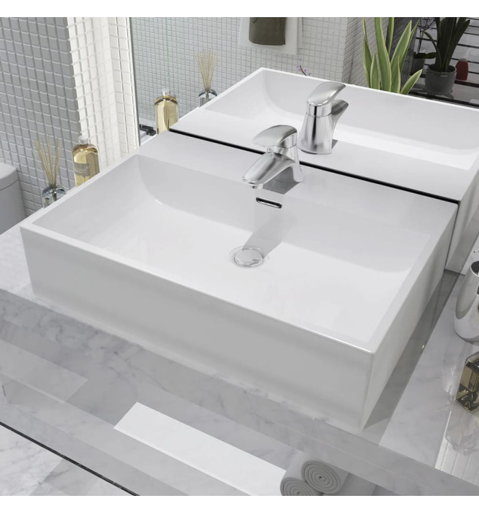 Vasque avec trou de robinet en céramique Blanc 60,5x42,5x14,5cm | Mobilier & Déco
