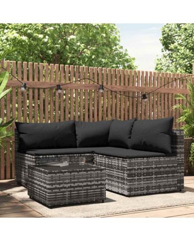Salon de jardin 4 pcs avec coussins Gris Résine tressée | Mobilier & Déco