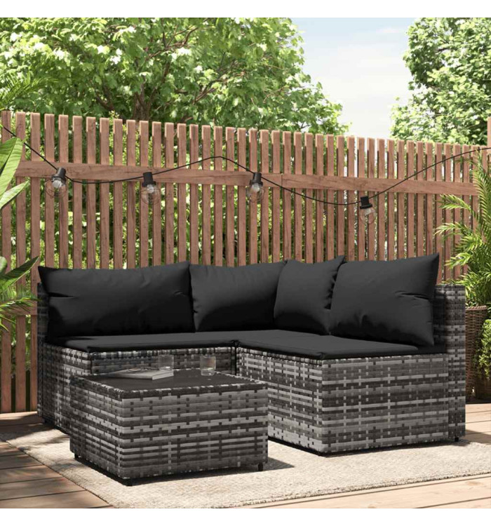 Salon de jardin 4 pcs avec coussins Gris Résine tressée | Mobilier & Déco