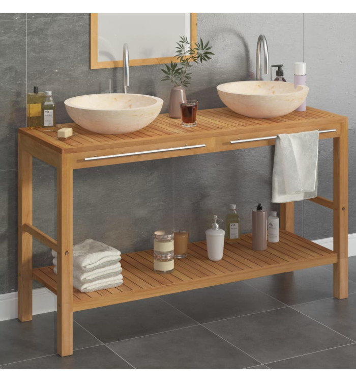 Armoire de toilette en teck solide avec lavabos en marbre Crème | Mobilier & Déco