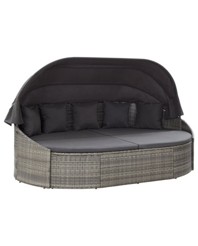 Chaise longue d'extérieur avec auvent Résine tressée Gris | Mobilier & Déco