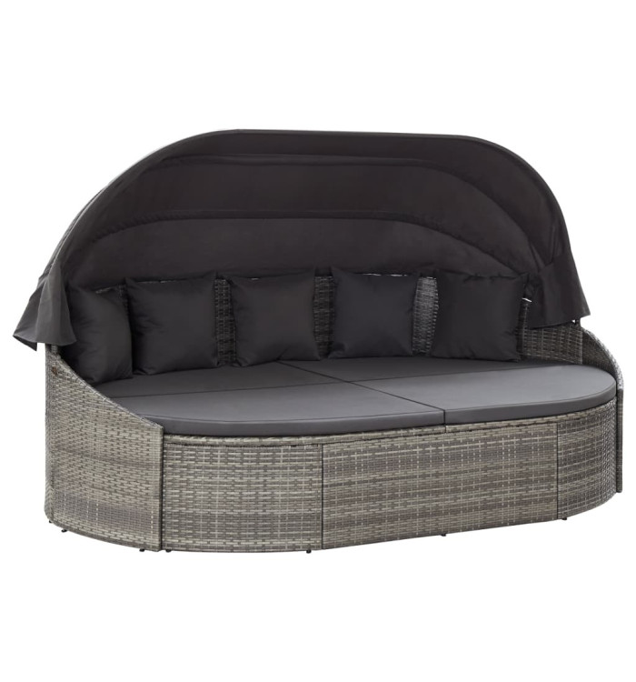 Chaise longue d'extérieur avec auvent Résine tressée Gris | Mobilier & Déco