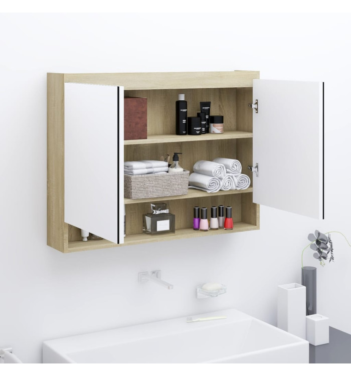 Armoire à miroir de salle de bain 80x15x60cm MDF Blanc et chêne | Mobilier & Déco