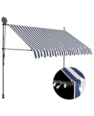 Auvent manuel rétractable avec LED 300 cm Bleu et blanc | Mobilier & Déco