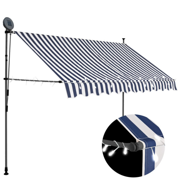 Auvent manuel rétractable avec LED 300 cm Bleu et blanc | Mobilier & Déco