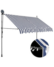 Auvent manuel rétractable avec LED 300 cm Bleu et blanc | Mobilier & Déco