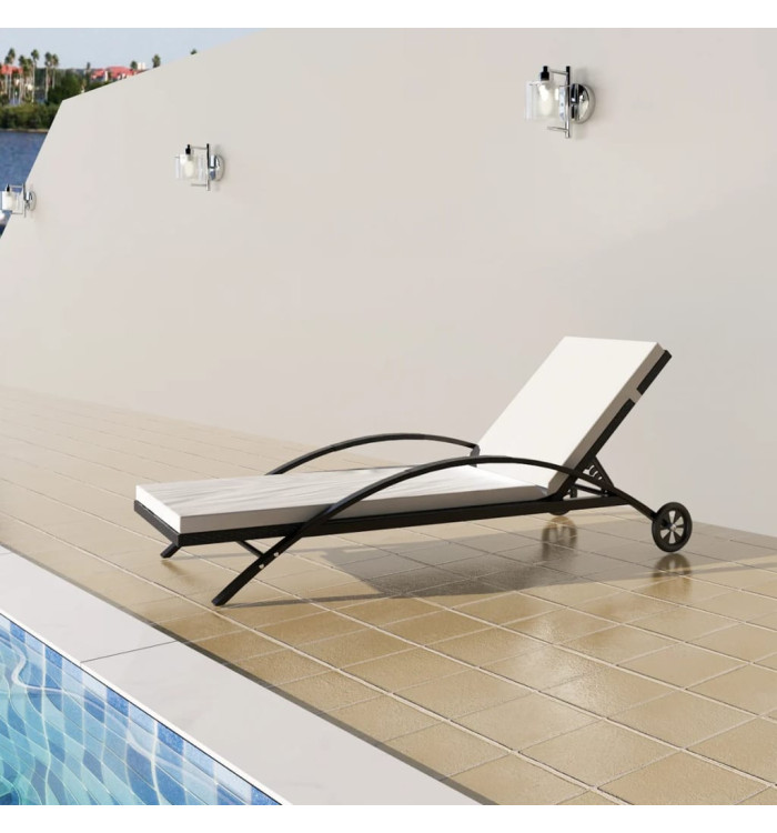 Chaise longue avec coussin et roues Résine tressée Noir | Mobilier & Déco
