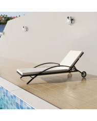 Chaise longue avec coussin et roues Résine tressée Noir | Mobilier & Déco