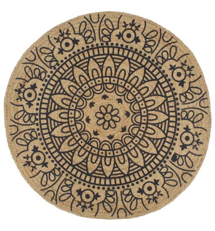 Tapis fait à la main Jute avec imprimé bleu foncé 150 cm | Mobilier & Déco