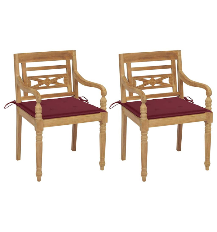 Chaises Batavia lot de 2 et coussins bordeaux Bois teck massif | Mobilier & Déco