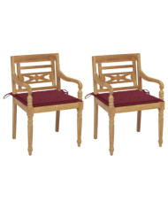 Chaises Batavia lot de 2 et coussins bordeaux Bois teck massif | Mobilier & Déco