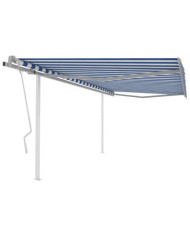 Auvent manuel rétractable avec poteaux 4,5x3,5 m Bleu et blanc | Mobilier & Déco