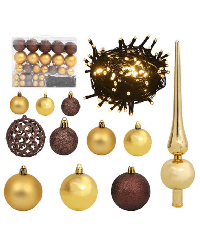 Set de boules de Noël avec pic et 150 LED 61 pcs Doré et bronze | Mobilier & Déco