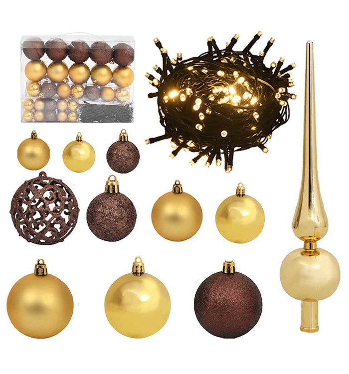 Set de boules de Noël avec pic et 150 LED 61 pcs Doré et bronze | Mobilier & Déco