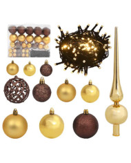 Set de boules de Noël avec pic et 150 LED 61 pcs Doré et bronze | Mobilier & Déco