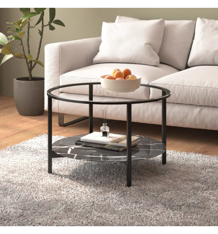 Table à thé Noir et marbre noir 70 cm Verre trempé | Mobilier & Déco