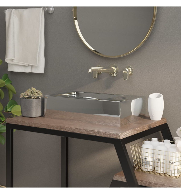 Lavabo avec trop-plein 49 x 25 x 15 cm Céramique Argenté | Mobilier & Déco