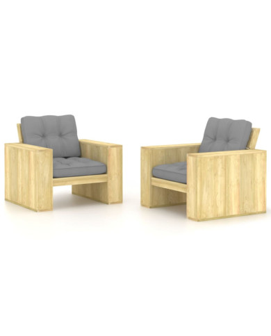 Chaises de jardin lot de 2 avec coussins gris Pin imprégné | Mobilier & Déco