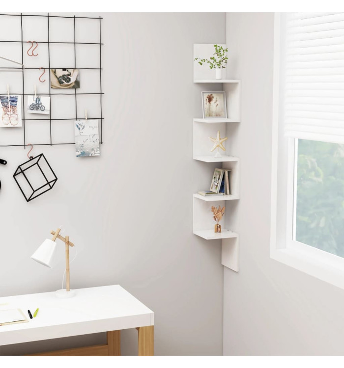 Étagère d'angle murale Blanc brillant Bois d'ingénierie | Mobilier & Déco