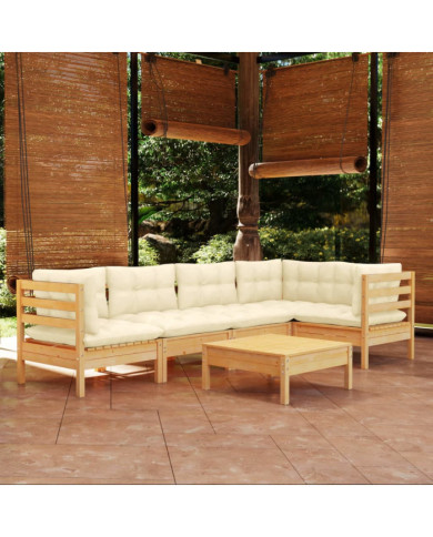 Salon de jardin 6 pcs avec coussins crème bois de pin | Mobilier & Déco