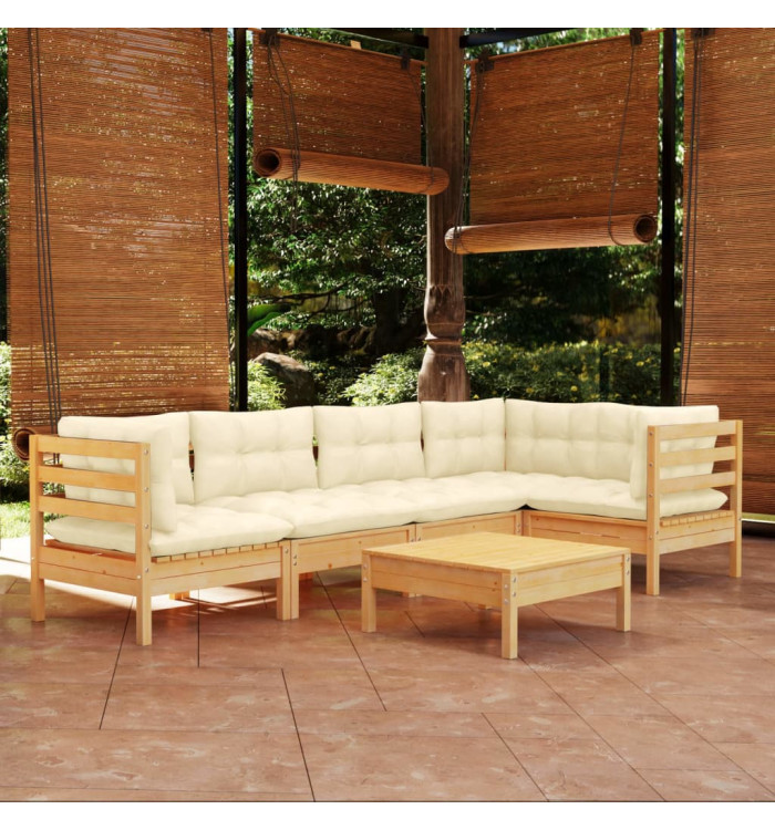 Salon de jardin 6 pcs avec coussins crème bois de pin | Mobilier & Déco